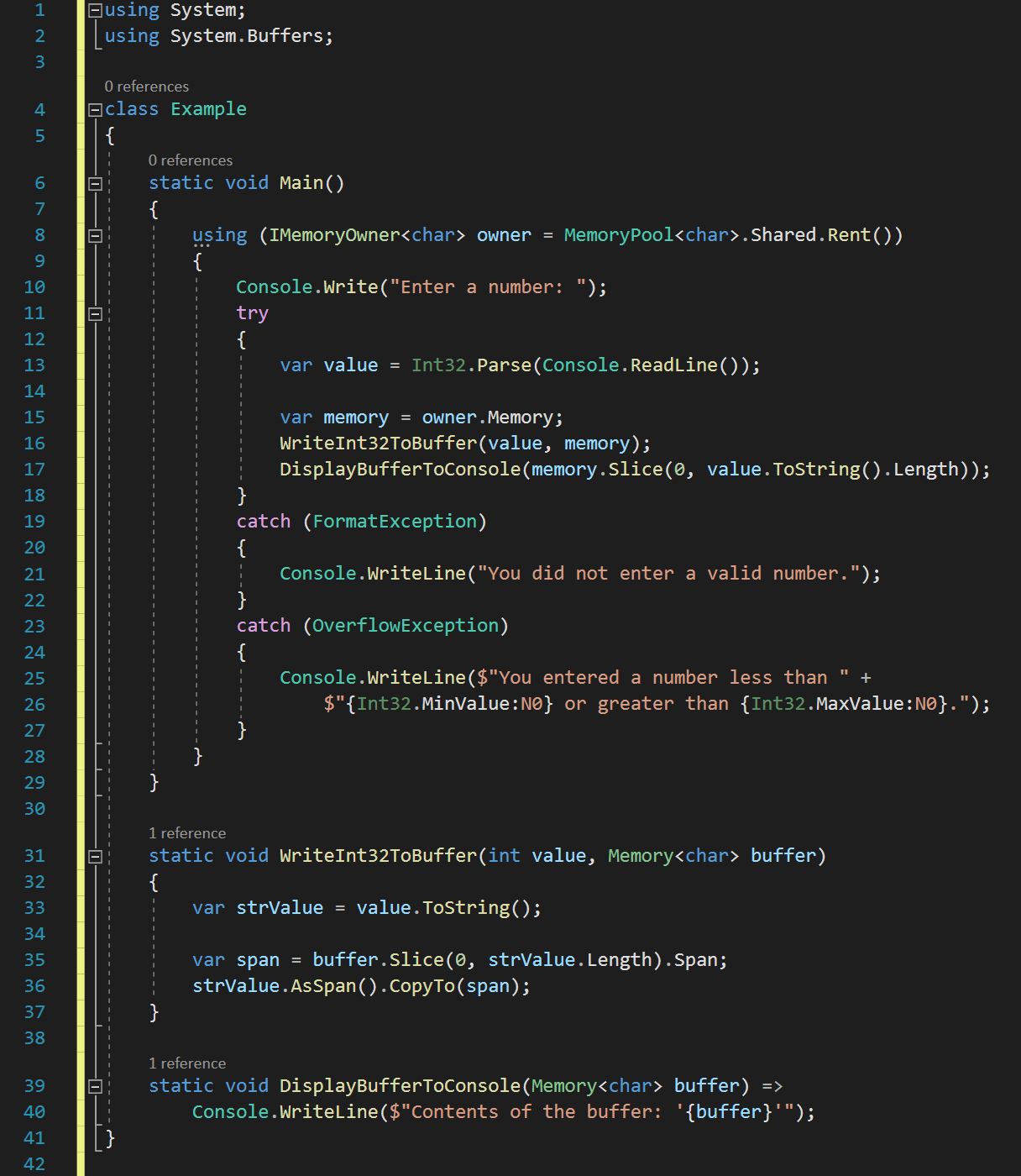 โค้ดตัวอย่างแสดงแบบจำลองการทำงานของบัฟเฟอร์ใช้ using